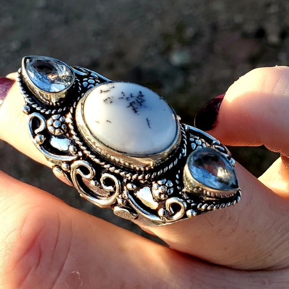 New Dendritic Opal & White Topaz 925 Silver Statement Ring. - Picture 2 of 14